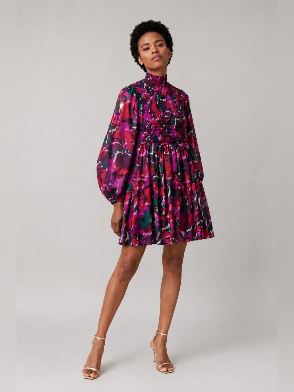 Misa Los Angeles Jessa Fuchsia long sleeve mini Dress  Rose Gold thread Small.